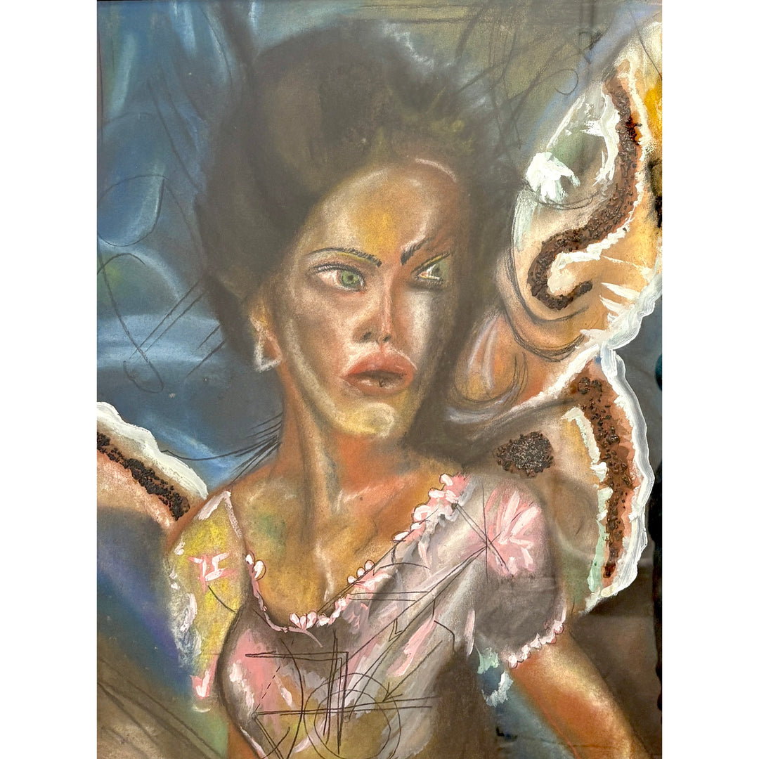 female figure rendered in soft blended out colors, butterfly wings behind and illustrative doodles line work on top