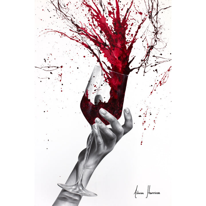 black and white hand holding wine glass red paint splattering out of glass onto background red paint splatter