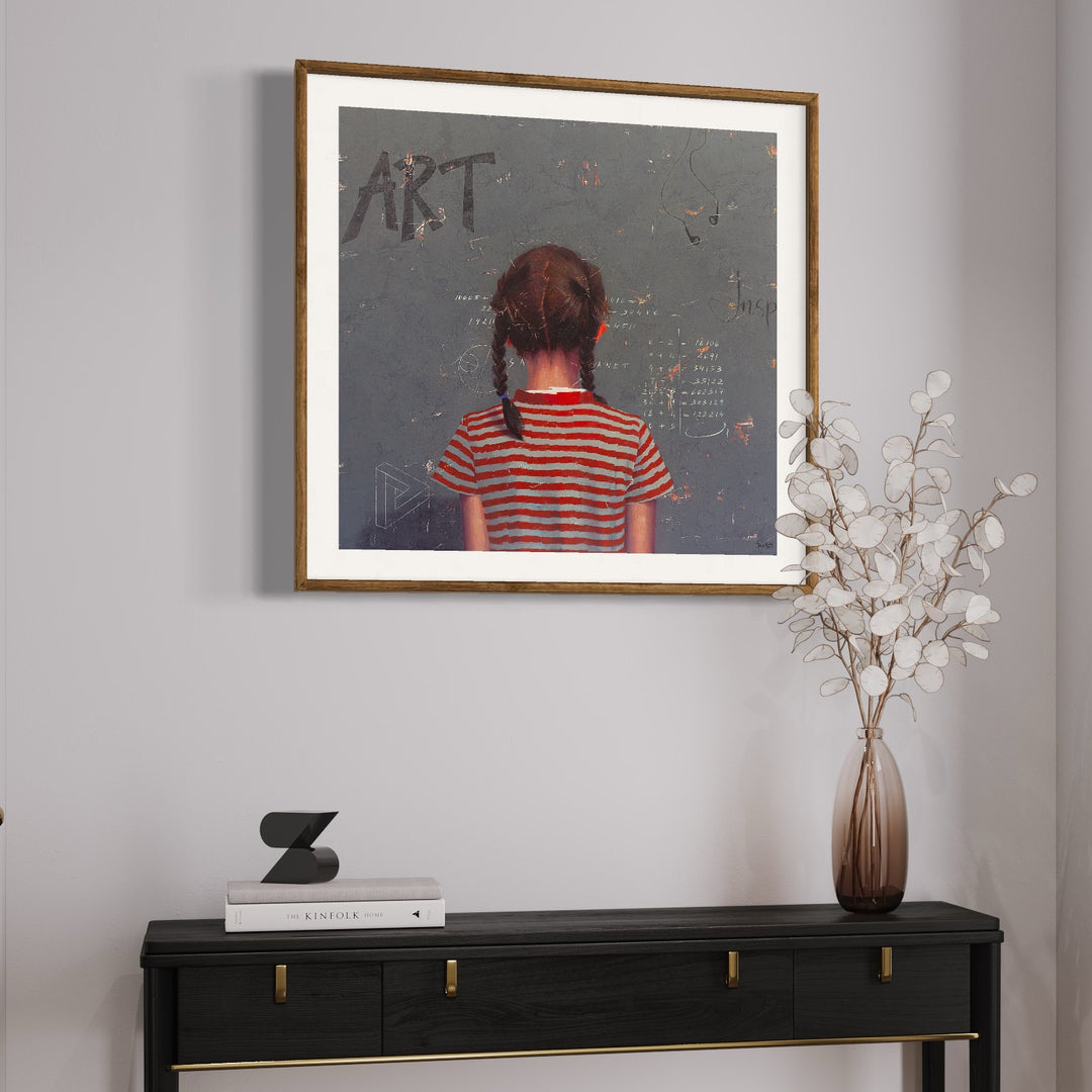 Intelligence Test III oil and acrylic painting by Tomasa Martin of a girl with braids in a striped shirt doing math equations.