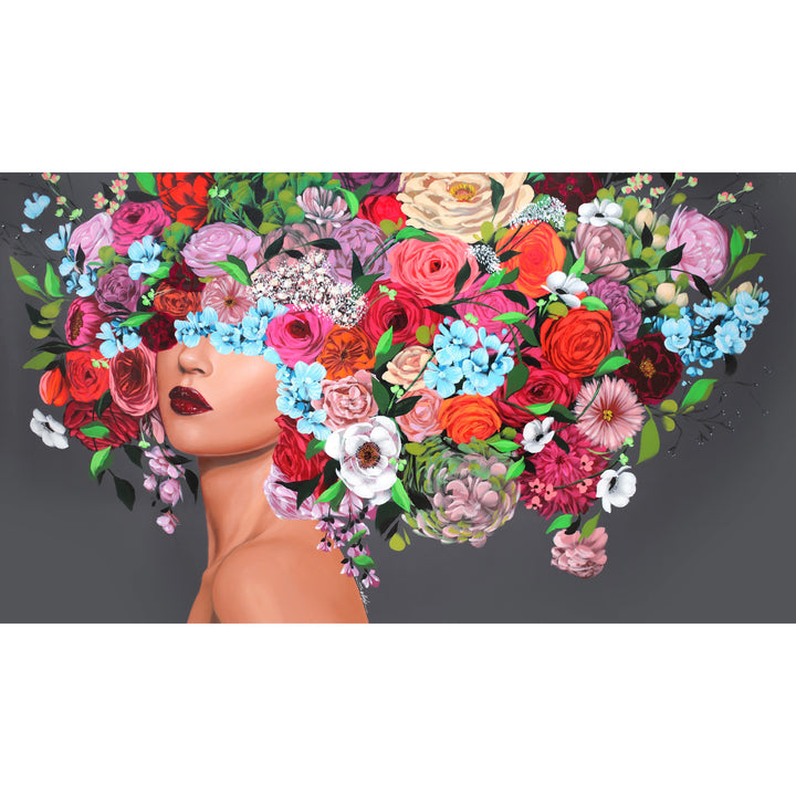 woman glancing at viewer over bare shoulder with head of flowers in red pink blue purple and green leaves covering eyes red lipstick on dark grey background
