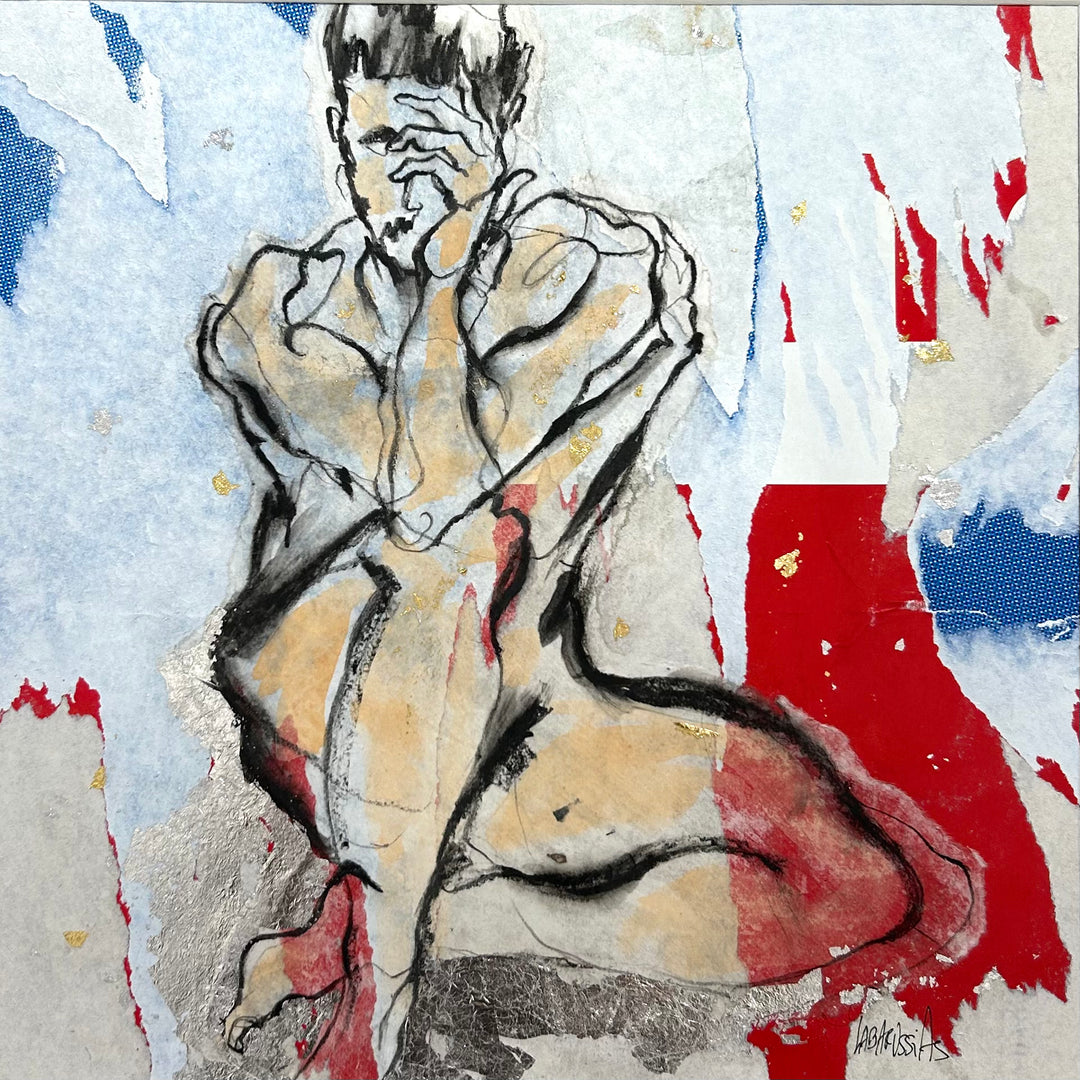 Figurative, Male Nude, Gold, Charcoal, Romantic