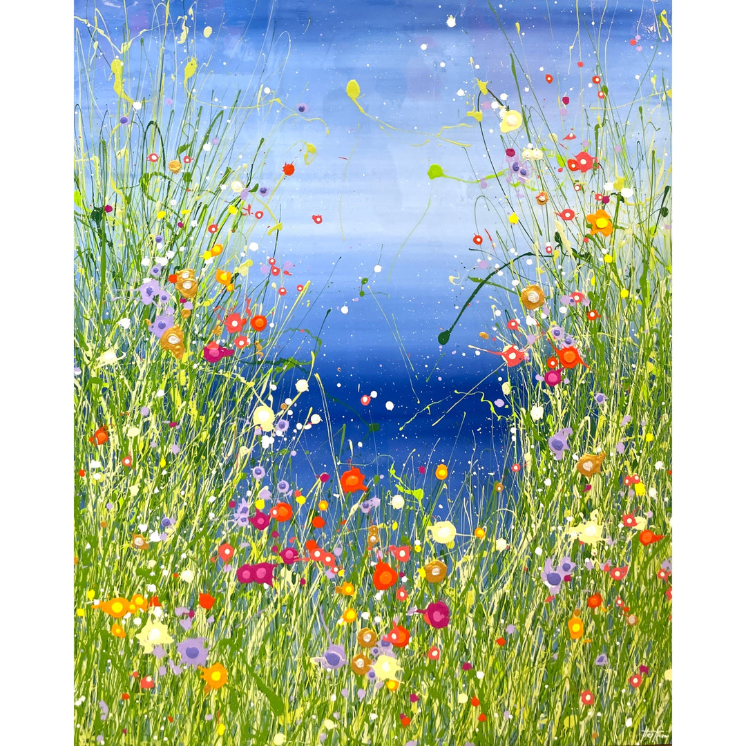 abstract floral landscape with flow expressionist grass in green, flowers in red pink and orange, with blue gradient background and splatter paint, resin