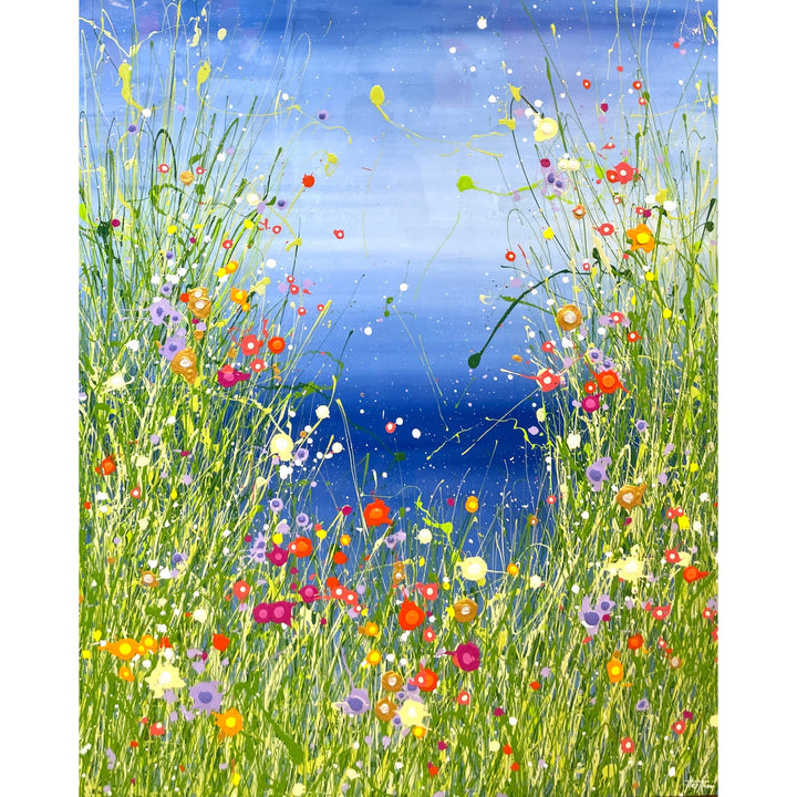 abstract floral landscape with flow expressionist grass in green, flowers in red pink and orange, with blue gradient background and splatter paint, resin