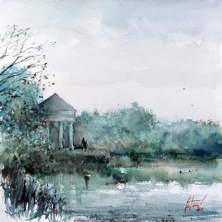watercolor painting of gazebo looking over pond lake at Morris Arboretum with green trees and blue washy sky in background