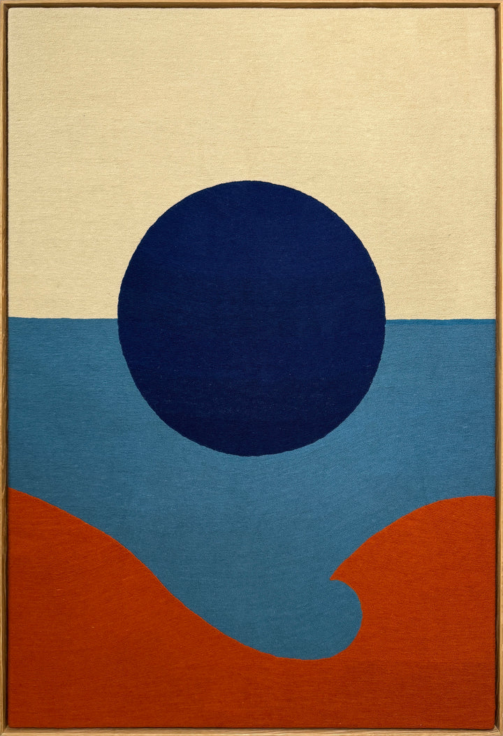 chain stitched embroidery textile fabric framed abstract geometric blue dot split composition negative space white and blue with orange wave in foreground