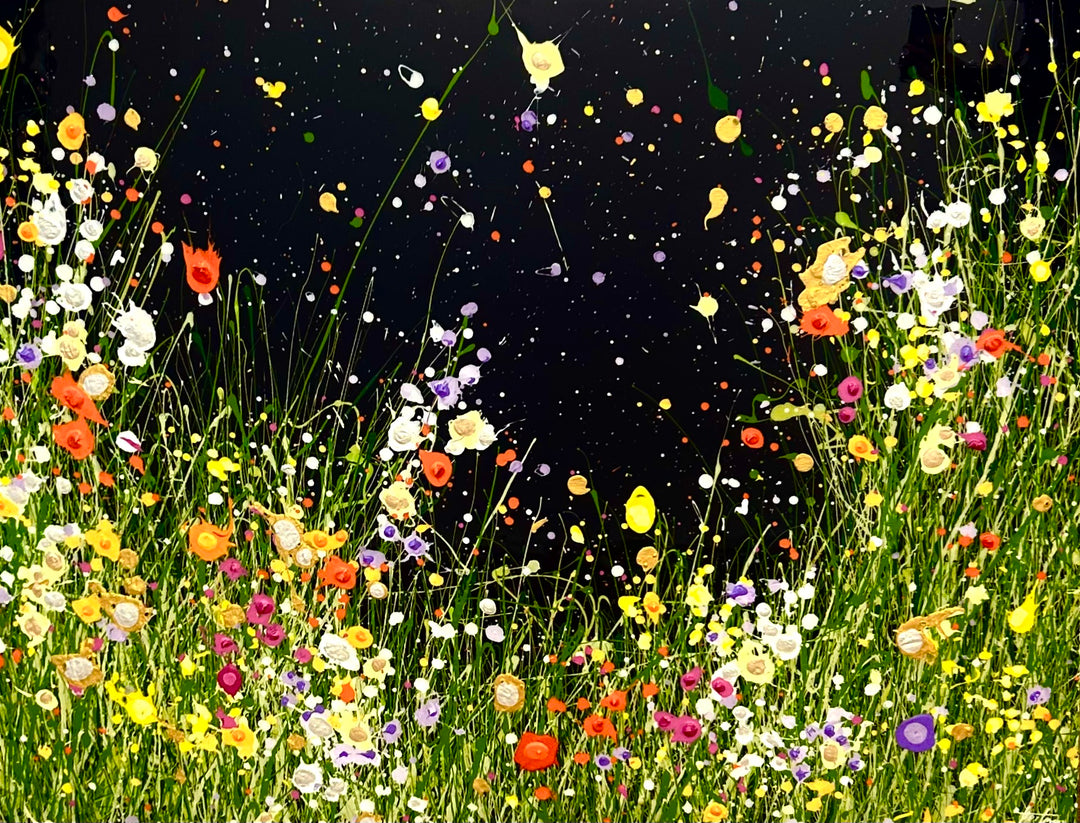 A Voice in the Nightgarden by Eric Heitmann, 48"H x 36"W. Abstract florals in the foreground white, green, purple, pink, and orange with a dark blue, almost black background. 
