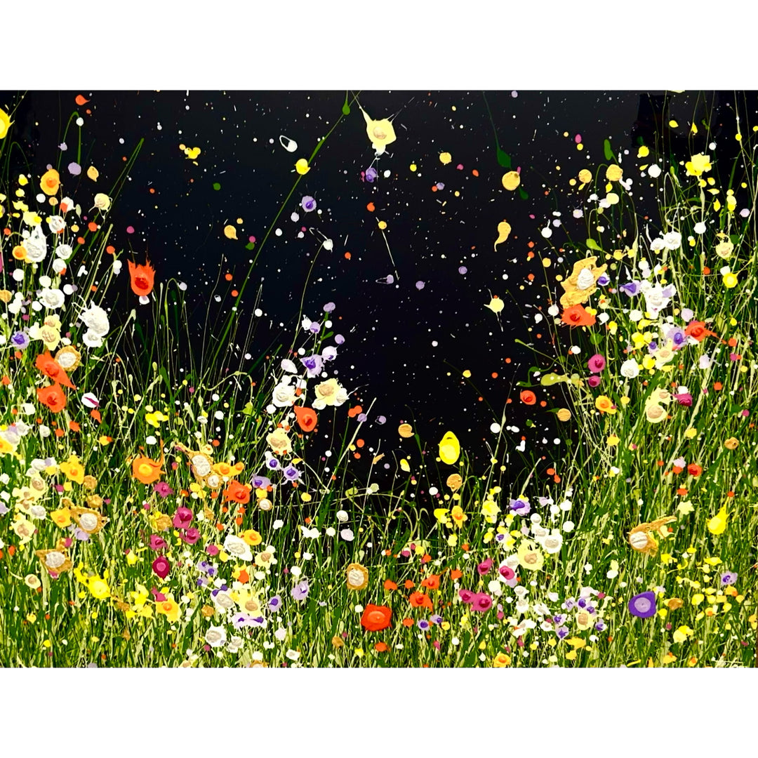 A Voice in the Nightgarden by Eric Heitmann, 48"H x 36"W. Abstract florals in the foreground white, green, purple, pink, and orange with a dark blue, almost black background. 