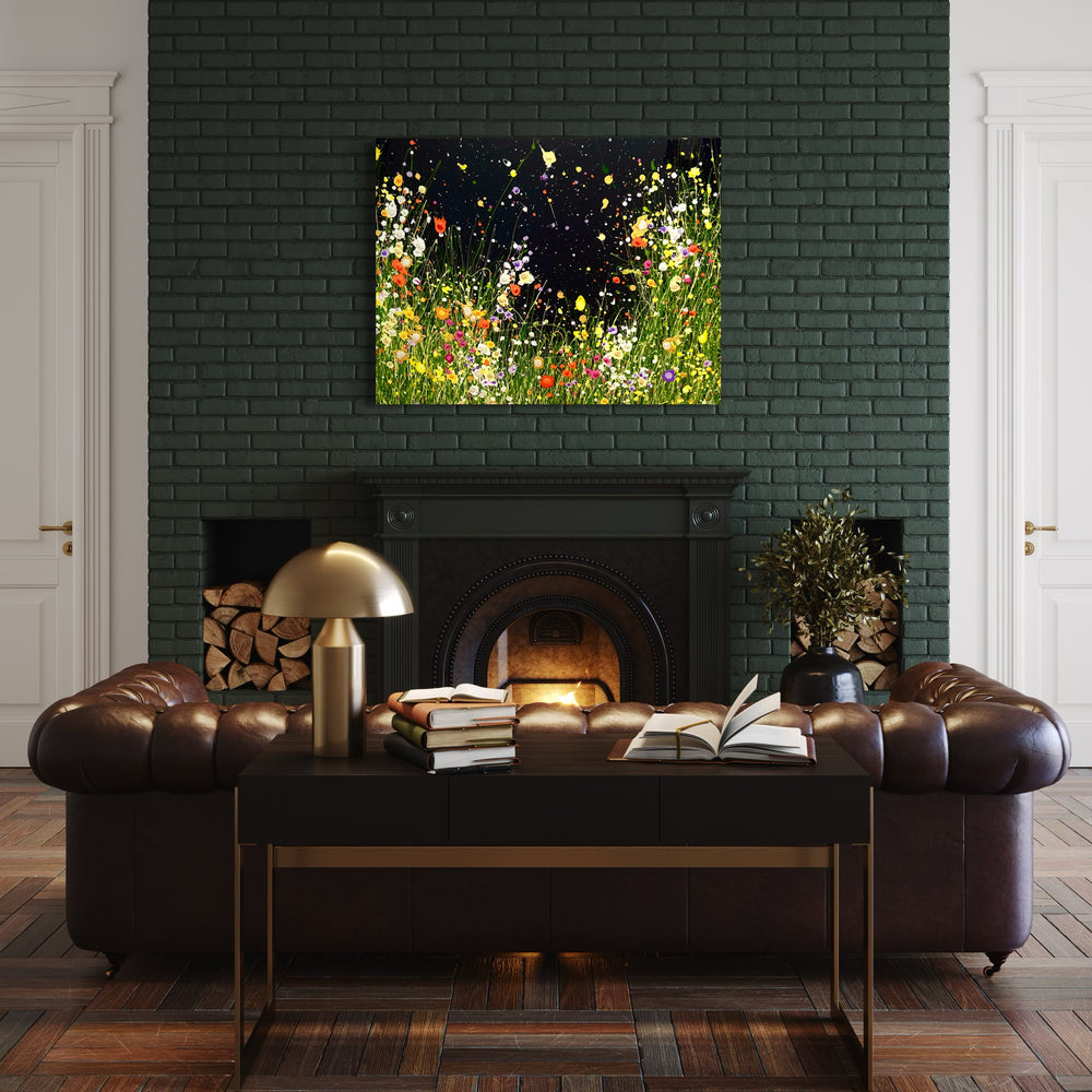 A Voice in the Nightgarden by Eric Heitmann, 48"H x 36"W. Abstract florals in the foreground white, green, purple, pink, and orange with a dark blue, almost black background. 