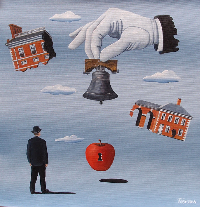 "A Bell for You" by Italian artist Carlo Trevisan — a surrealist oil painting on canvas featuring a giant gloved hand presenting the Liberty Bell above a Magritte-inspired bowler-hatted figure. Floating red brick Philadelphia buildings, a red apple with a keyhole, and drifting clouds complete this richly layered, dreamlike composition celebrating Philadelphia's history and identity. Original contemporary surrealist Philadelphia pop art painting on canvas available at Morton Contemporary gallery.