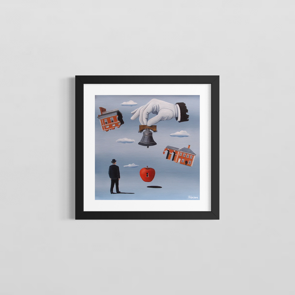 "A Bell for You" by Italian artist Carlo Trevisan — a surrealist oil painting on canvas featuring a giant gloved hand presenting the Liberty Bell above a Magritte-inspired bowler-hatted figure. Floating red brick Philadelphia buildings, a red apple with a keyhole, and drifting clouds complete this richly layered, dreamlike composition celebrating Philadelphia's history and identity. Original contemporary surrealist Philadelphia pop art painting on canvas available at Morton Contemporary gallery.