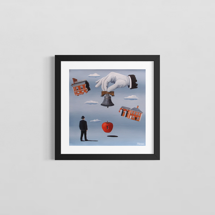 "A Bell for You" by Italian artist Carlo Trevisan — a surrealist oil painting on canvas featuring a giant gloved hand presenting the Liberty Bell above a Magritte-inspired bowler-hatted figure. Floating red brick Philadelphia buildings, a red apple with a keyhole, and drifting clouds complete this richly layered, dreamlike composition celebrating Philadelphia&