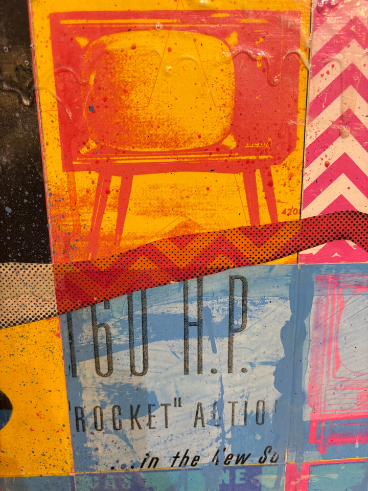 A Certain Standard by Jon Davenport — angled detail of Neo-Pop mixed media painting showing a vintage TV illustration and retro advertising text over chevron patterns