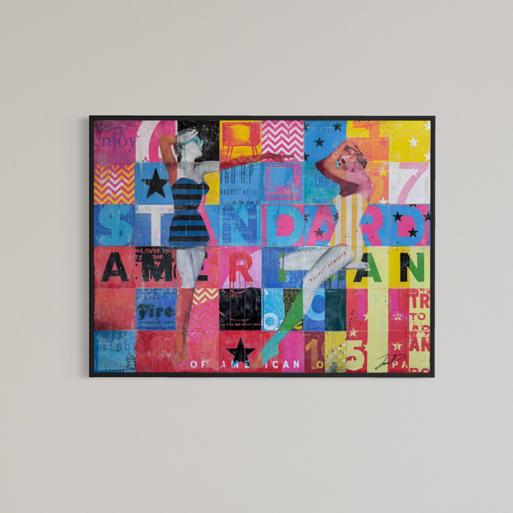 A Certain Standard by Jon Davenport — framed Neo-Pop mixed media painting displayed against a neutral wall, showing the artwork in a black frame