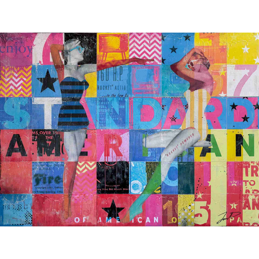 A Certain Standard by Jon Davenport — full view of Neo-Pop mixed media painting, 36"H x 48"W, featuring a retro pin-up figure over a colorful grid collage with "Standard" and "American" typography, stars and chevron patterns