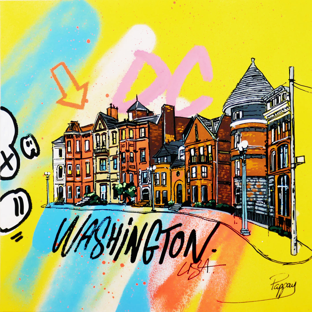 washington dc row homes on block graphic illustration on yellow background with spray paint in blue white and orange