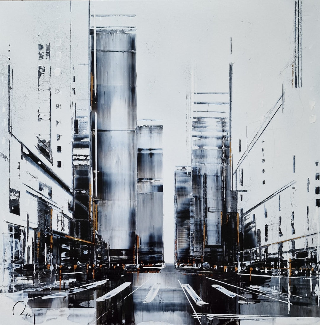 After the Rain II by Julien Rey shows a city scape scene where the abstract buildings reflect off of the rainy streets. Painted in gold leaf and black and white Chinese lacquer.