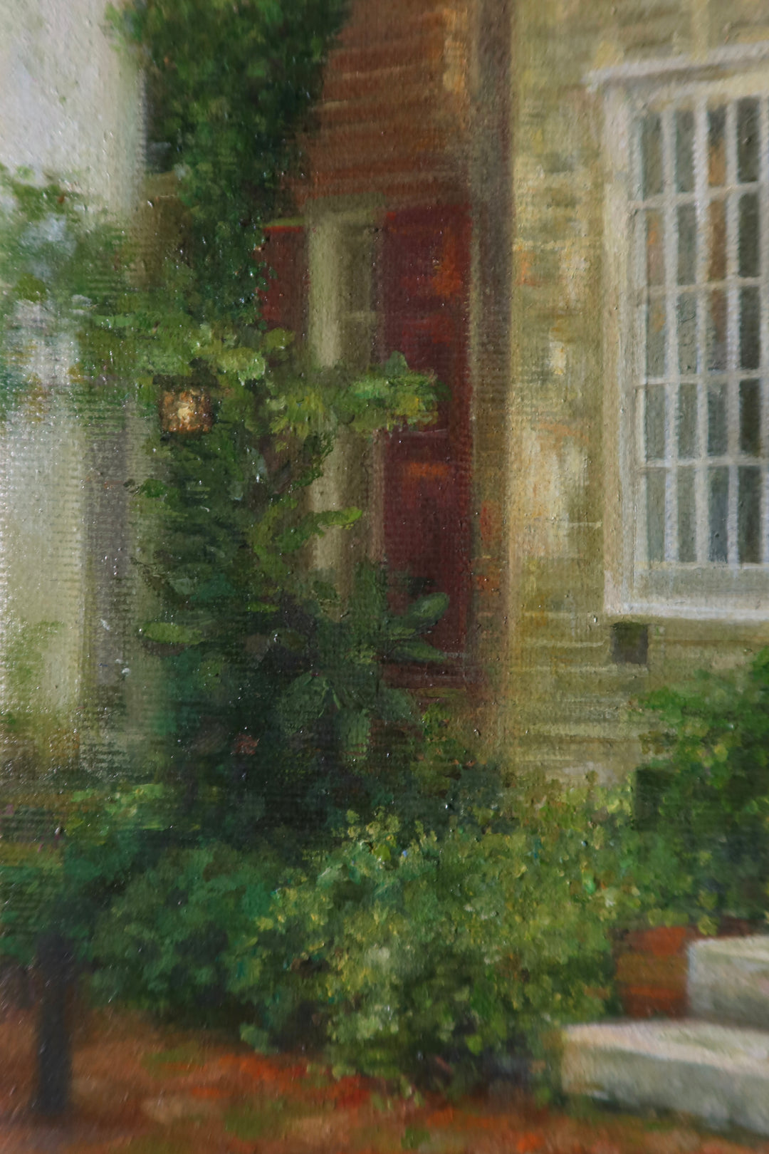 brick row homes with greenery on front lawn and windows cat on corner outdoor building landscape realism oil painting