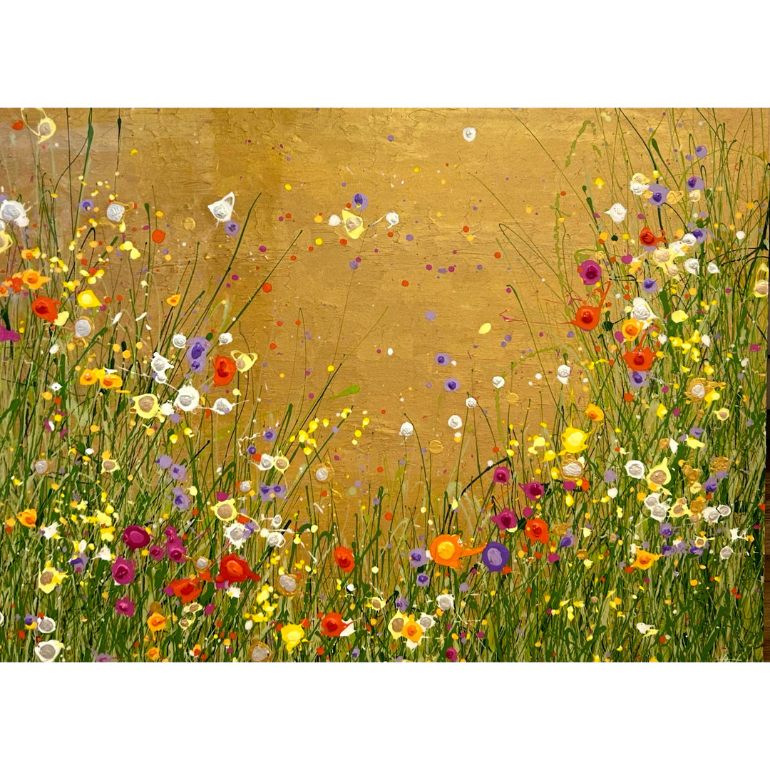 All That Glitters is Gold by Eric Heitmann, 48"H x 36"W. Abstract florals in white, green, purple, pink, and orange with a metallic gold foreground. 
