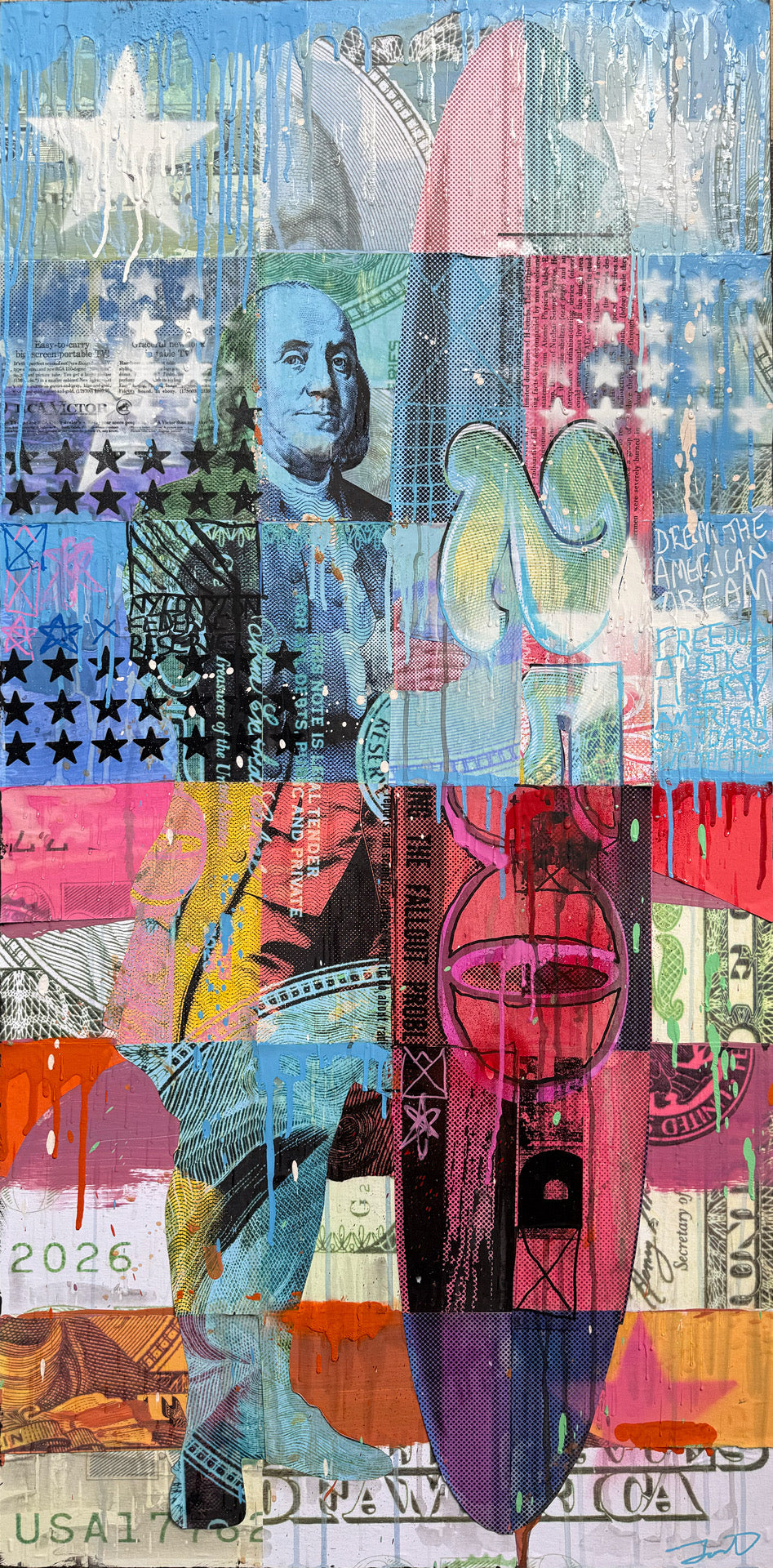 All About the Benjiamins (Triptych) by Jon Davenport — detail view of one panel showing Neo-Pop mixed media collage with Benjamin Franklin motifs, American flag imagery, and currency elements