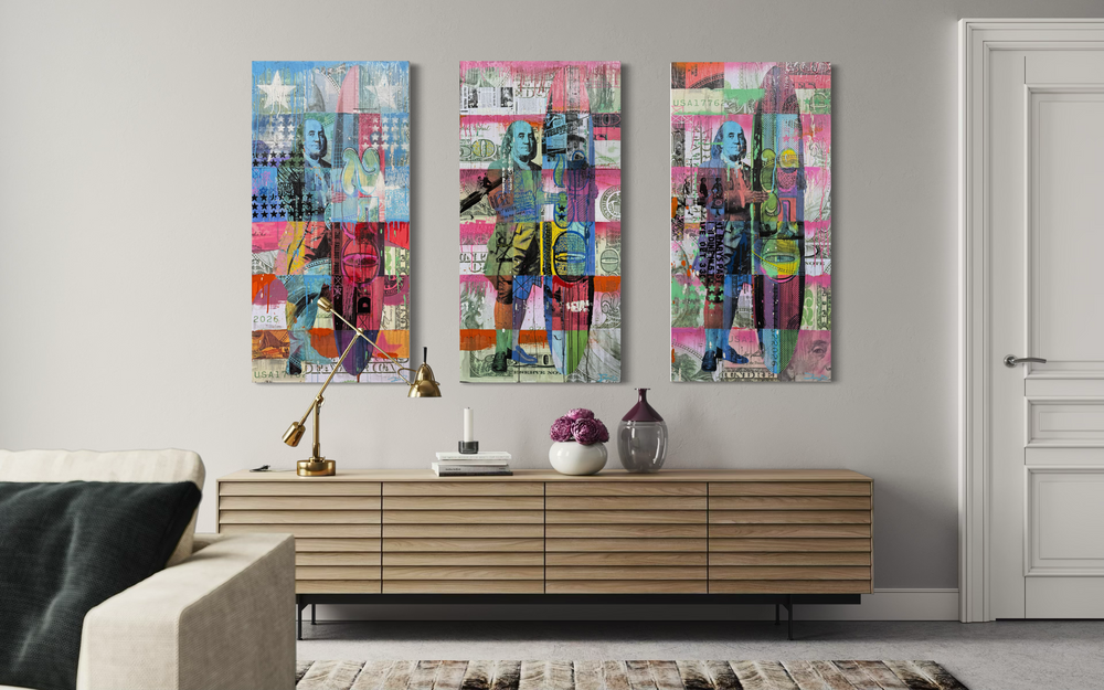 All About the Benjiamins (Triptych) by Jon Davenport — in-situ installation view of three-panel Neo-Pop mixed media artwork displayed above a sideboard in a modern living room