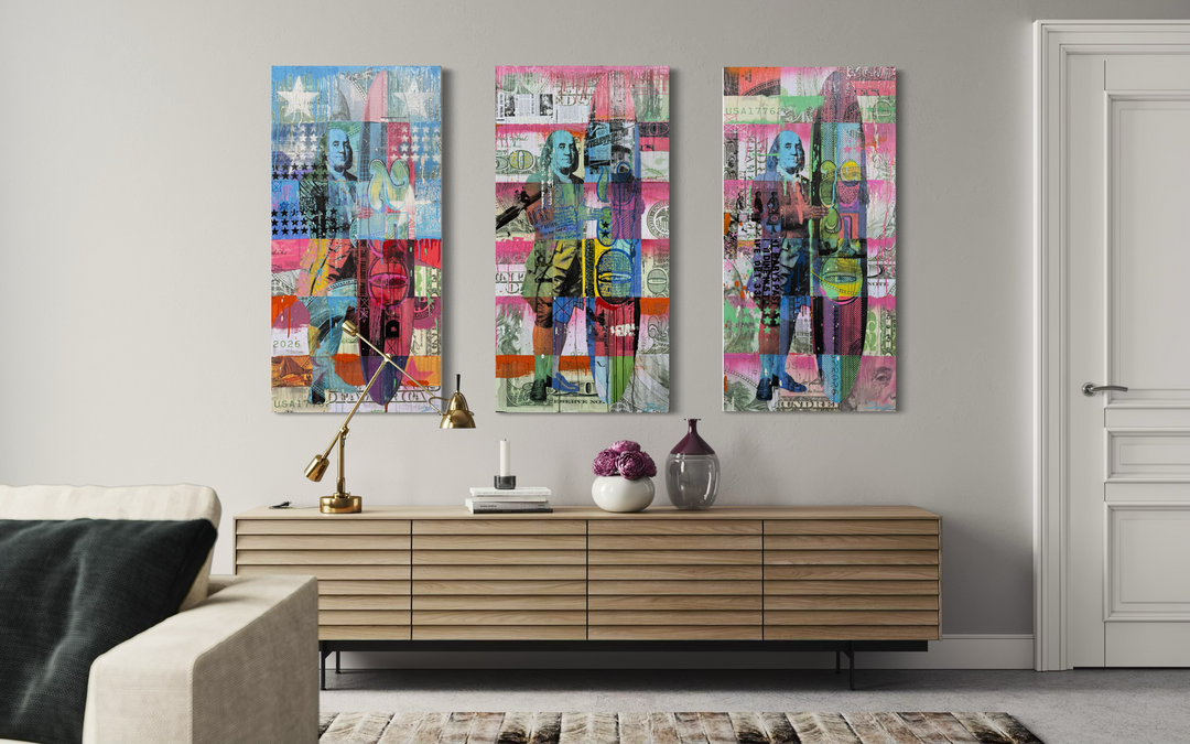 All About the Benjiamins (Triptych) by Jon Davenport — in-situ installation view of three-panel Neo-Pop mixed media artwork displayed above a sideboard in a modern living room