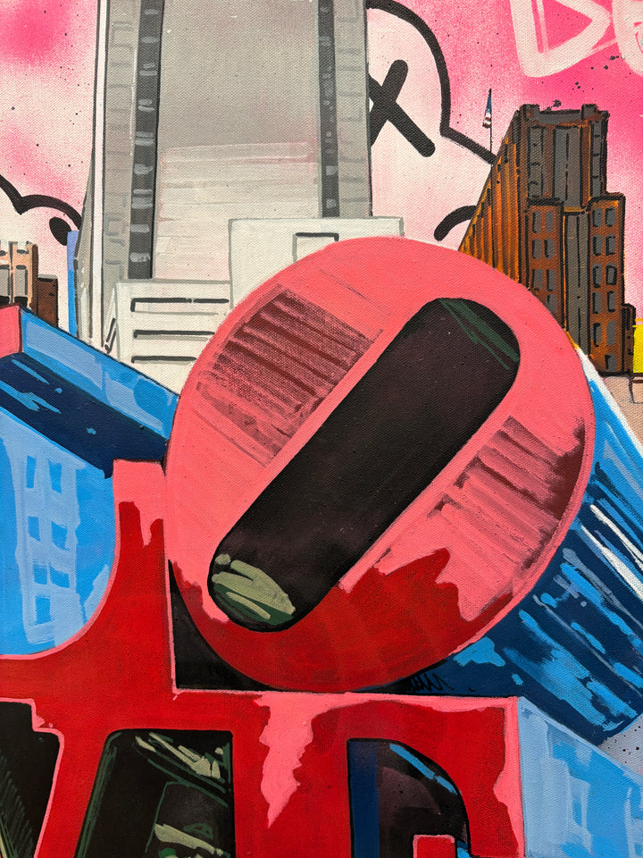 vibrant graphic illustration philadelphia love park sign buildings landscape graffiti marker in pink bold letters 