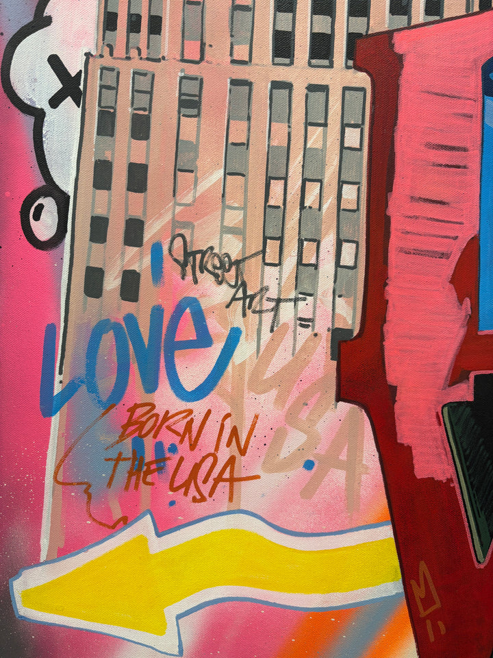 vibrant graphic illustration philadelphia love park sign buildings landscape graffiti marker in pink bold letters 