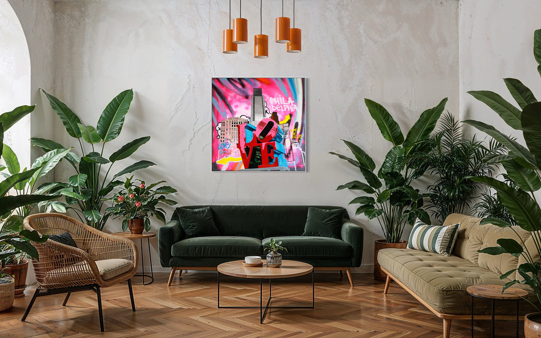 vibrant graphic illustration philadelphia love park sign buildings landscape graffiti marker in pink bold letters 
