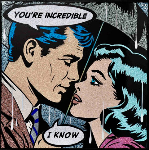 Male and female figure face to face under umbrella in comic book style and text bubbles blue hair highlights and glass mosaic 