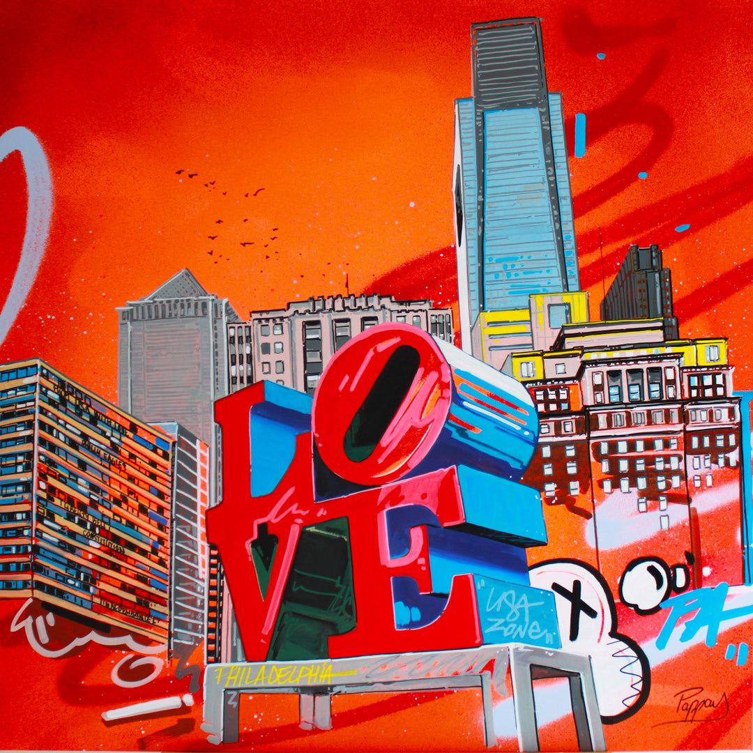 "Another Love" by Pappay — a vibrant street art-inspired painting on canvas depicting Philadelphia's iconic LOVE sculpture in bold red and blue dominating a fiery orange-red skyline featuring the Comcast Center and surrounding landmarks, with graffiti lettering reading "Philadelphia" and "USA Zone." A dynamic, energetic celebration of Philadelphia pride and urban culture. Original contemporary Philadelphia LOVE sculpture street art pop art painting on canvas available at Morton Contemporary gallery.