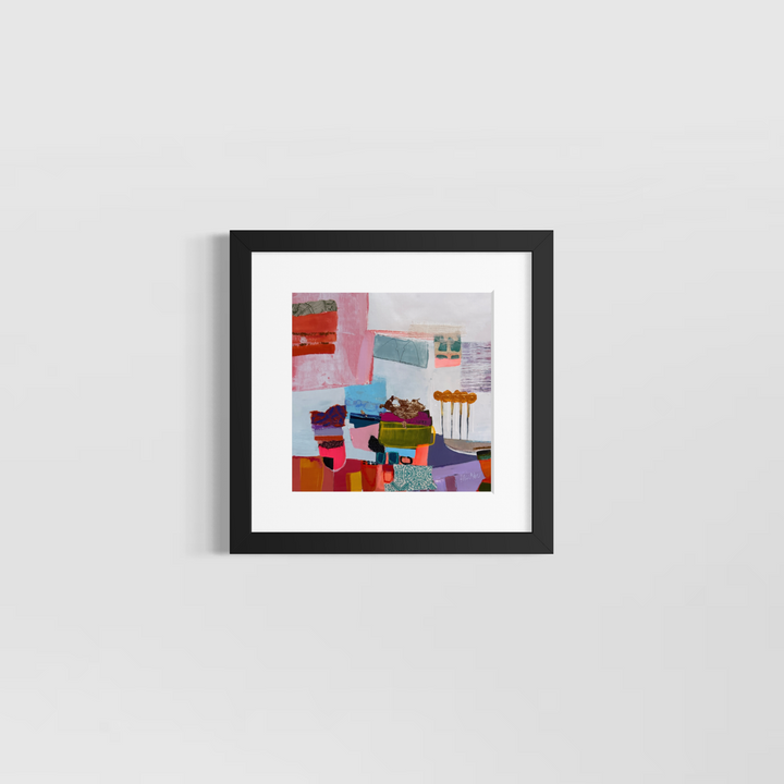 Lau Blou, Arbres d’or, acrylic paint, fabric, and gold leaf on canvas, 10 x 10 inches, shown in a white 12 x 12 inch mat and black frame on a light grey wall. Abstract painting of stacked colorful blocks and small orange trees.