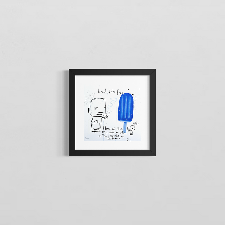 "As Many Popsicles" as He Wants by Netherlands-based artist Jan-Hein Arens, an acrylic and ink on paper work featuring whimsical cartoon-like figures alongside an oversized vibrant blue popsicle, with handwritten text reading &