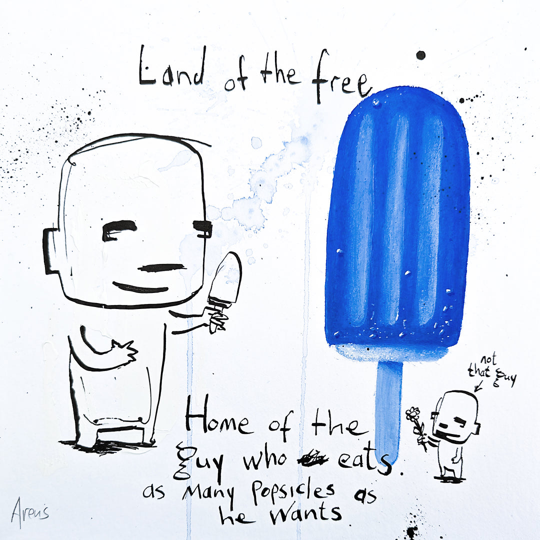 "As Many Popsicles" as He Wants by Netherlands-based artist Jan-Hein Arens, an acrylic and ink on paper work featuring whimsical cartoon-like figures alongside an oversized vibrant blue popsicle, with handwritten text reading &
