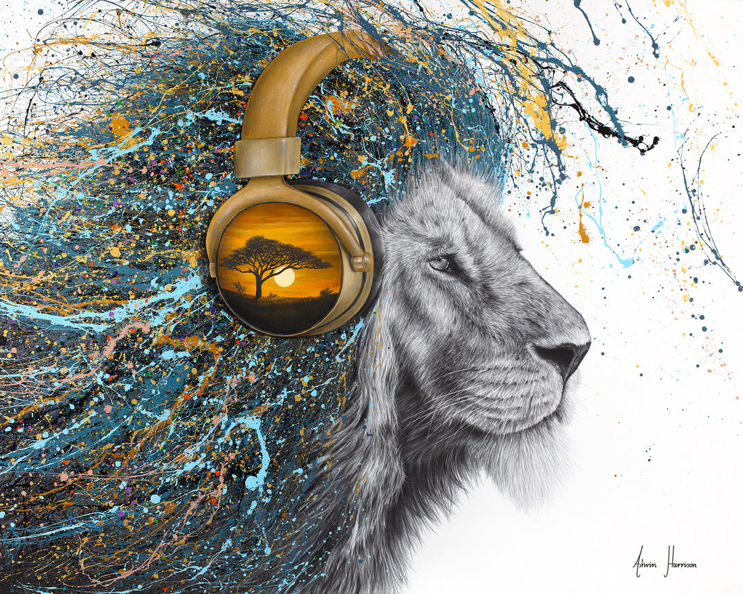 Lion profile looking right in black and white, wearing gold headphones with tree and sunset with paint splattered mane