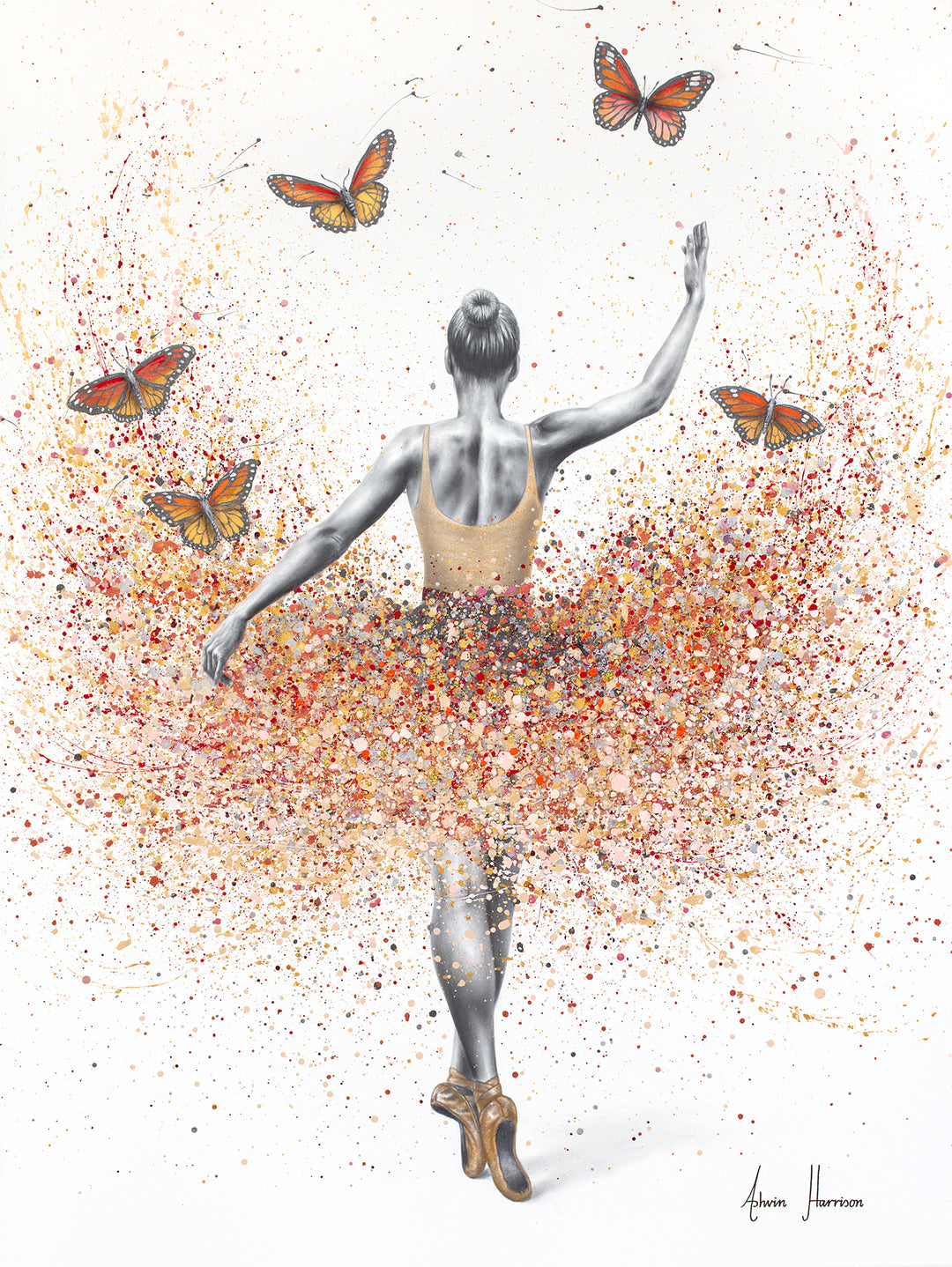 ballerina figure woman in black and white wearing orange dress with orange splatter paint tutu and orange monarch butterflies on white background