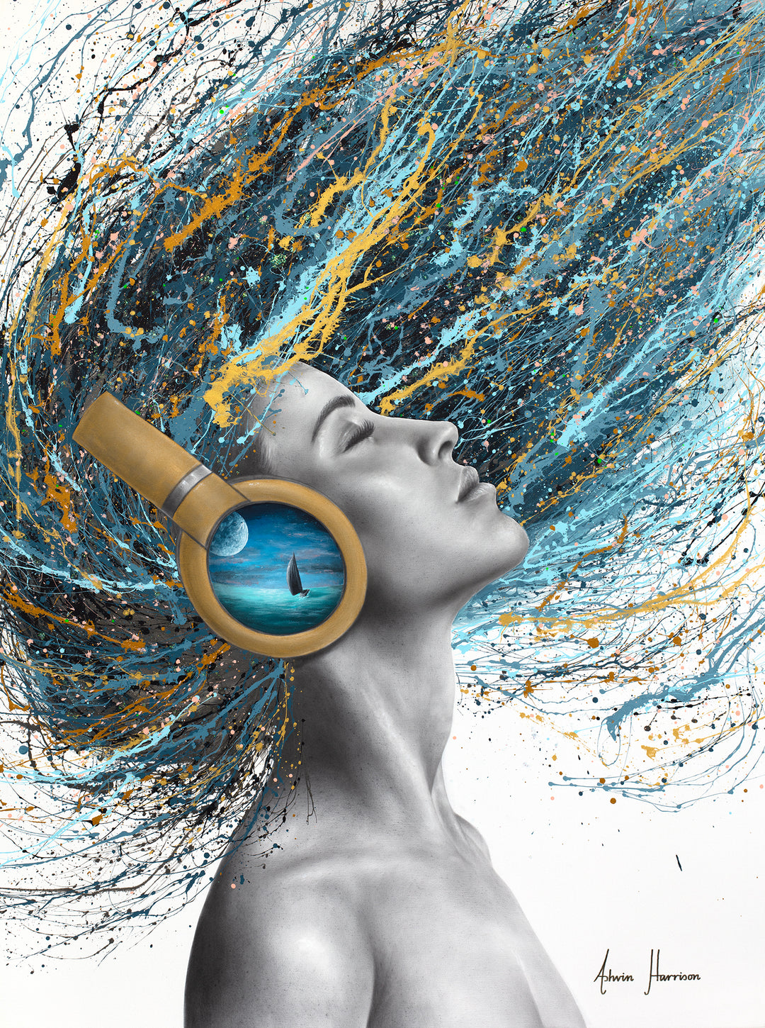 woman side profile face in black and white wearing gold headphones with sea scene flipping hair back in blue black and gold splatter paint on white background