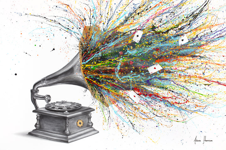 large black and white gramophone with roulette spinning table instead of vinyl, rainbow splatter paint coming out of speaker with loose ace cars on white background