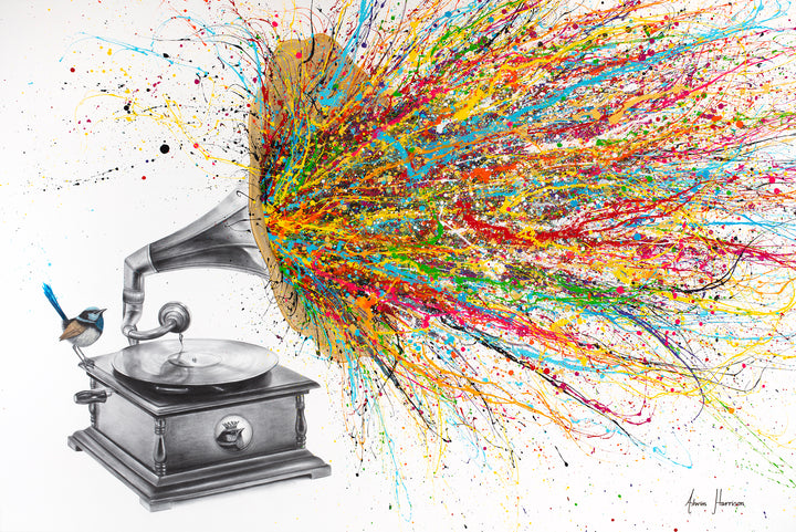 Gramophone with bird paint splatter out of speaker expressionism multicolor black and white realism on white background