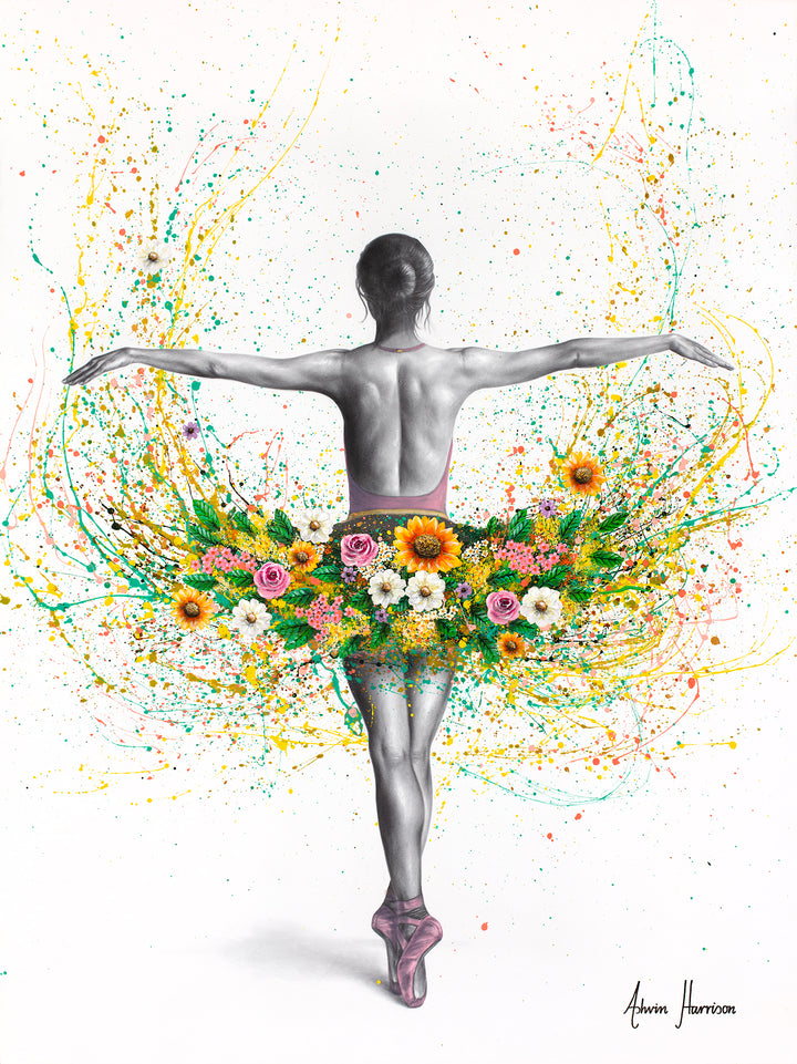 ballerina in black and white against white background with paint splatter tut in green with pink white and yellow flowers 