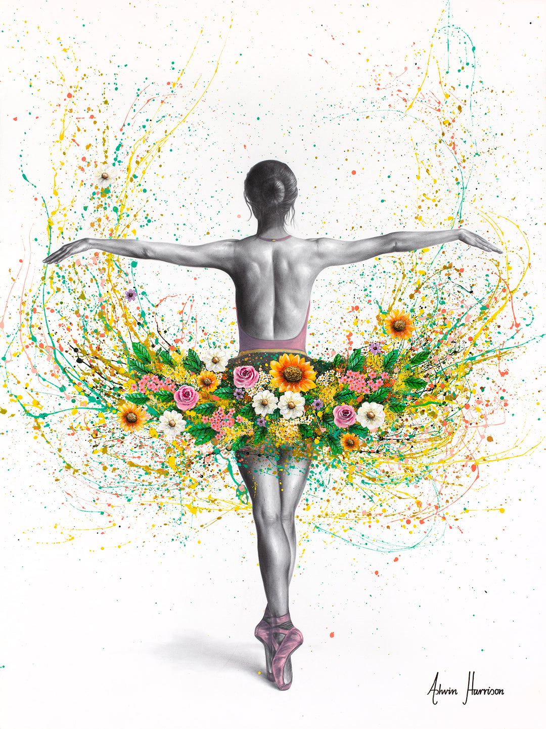 ballerina woman dancer back facing with tutu of flowers yellow pink and white with green flowers and yellow splattered paint on white background