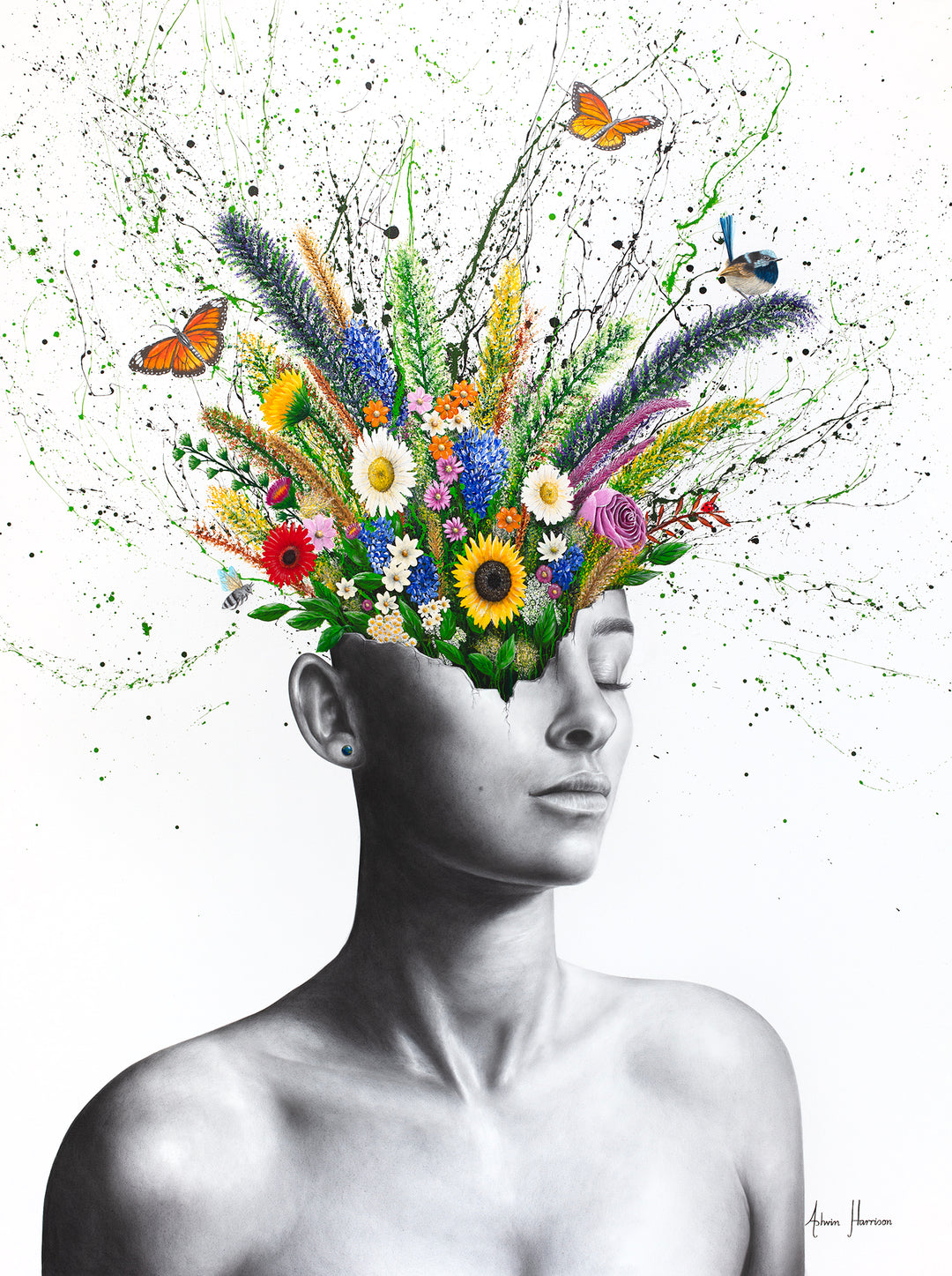 black and white woman figure face shattered with plants flowers and butterflies and bird growing and coming out of head splatter paint in background on white background