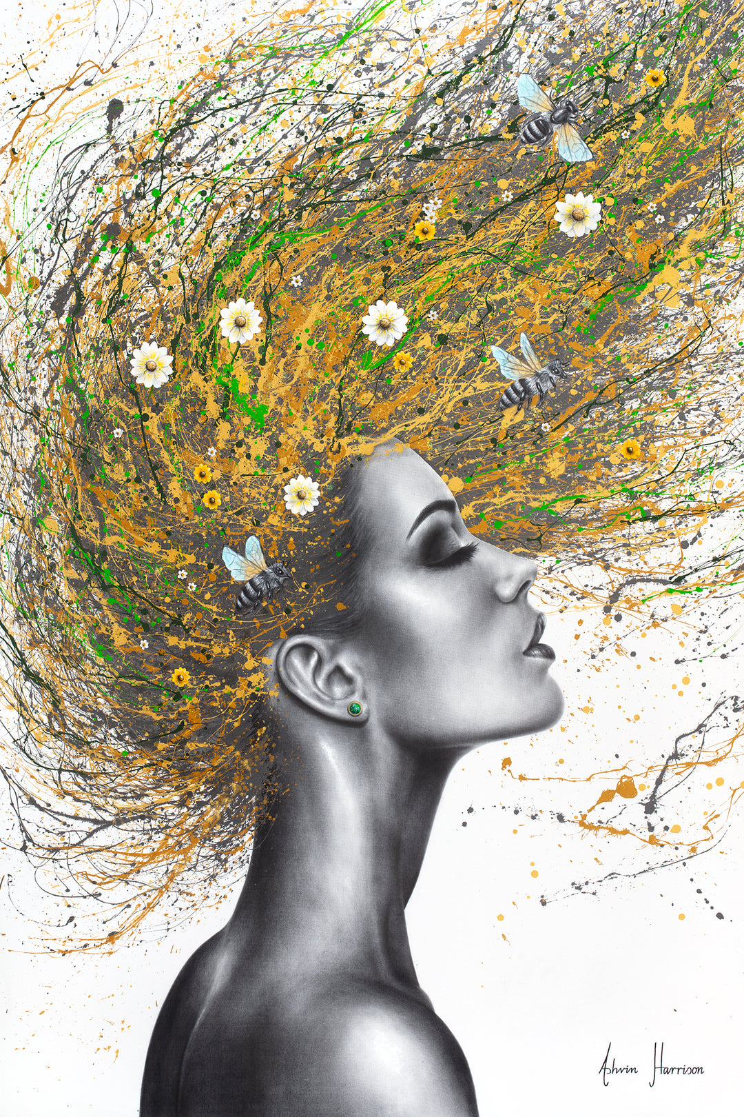 black and white profile womans face and head flipping golden hair back with splatters of green and small daisy flowers and bees in hair on white background