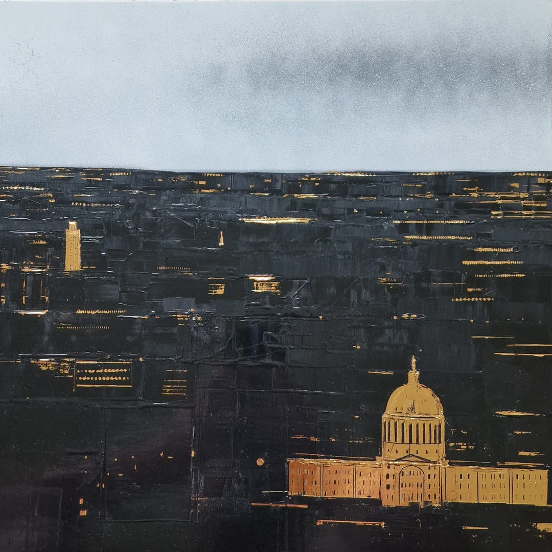 Dark cityscape from birds eye view with gold detailing. Black and White Chinese lacquer and gold leaf painting created by artist Julien Rey in 2026. 