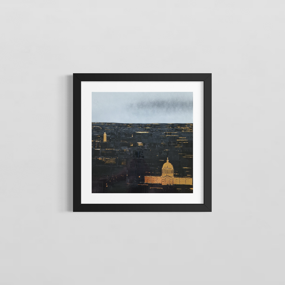 Dark cityscape from birds eye view with gold detailing. Black and White Chinese lacquer and gold leaf painting created by artist Julien Rey in 2026. 