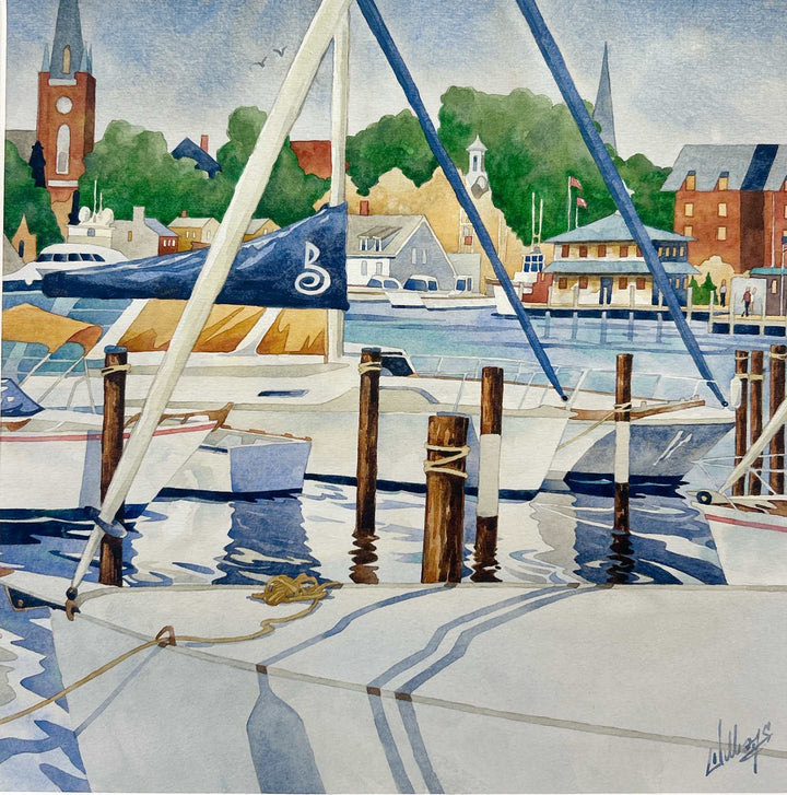 Watercolor landscape of a pier with docked sail boats