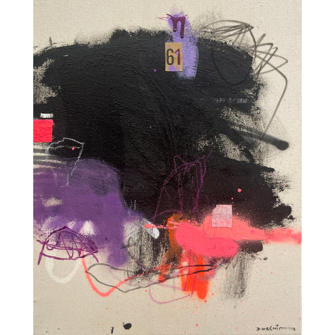 abstract expressionist painting in black pink red and purple scribbles cut paper numbers pencil doodle
