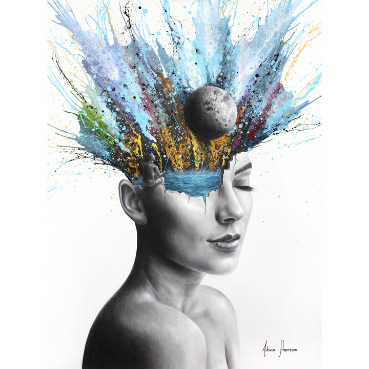 cracked open woman head in black and white filled with water, man finish splatter paint explosion out of her head, moon small floating above