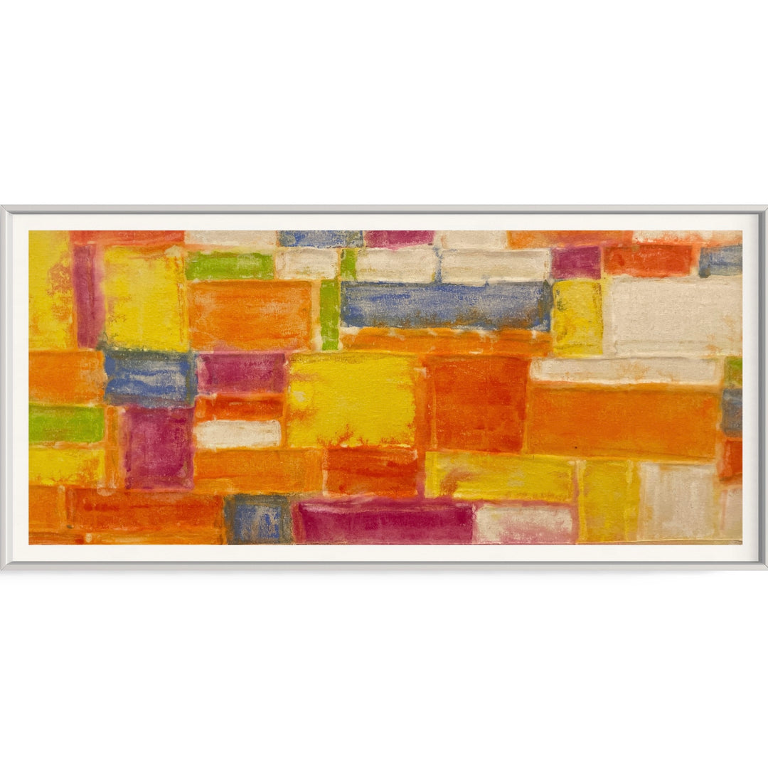 Blocks by Eric Heitmann, 60" x 30" watercolor on recycled sailcloth. Abstract modern geometric shapes painted on raw fabric in oranges and pink.