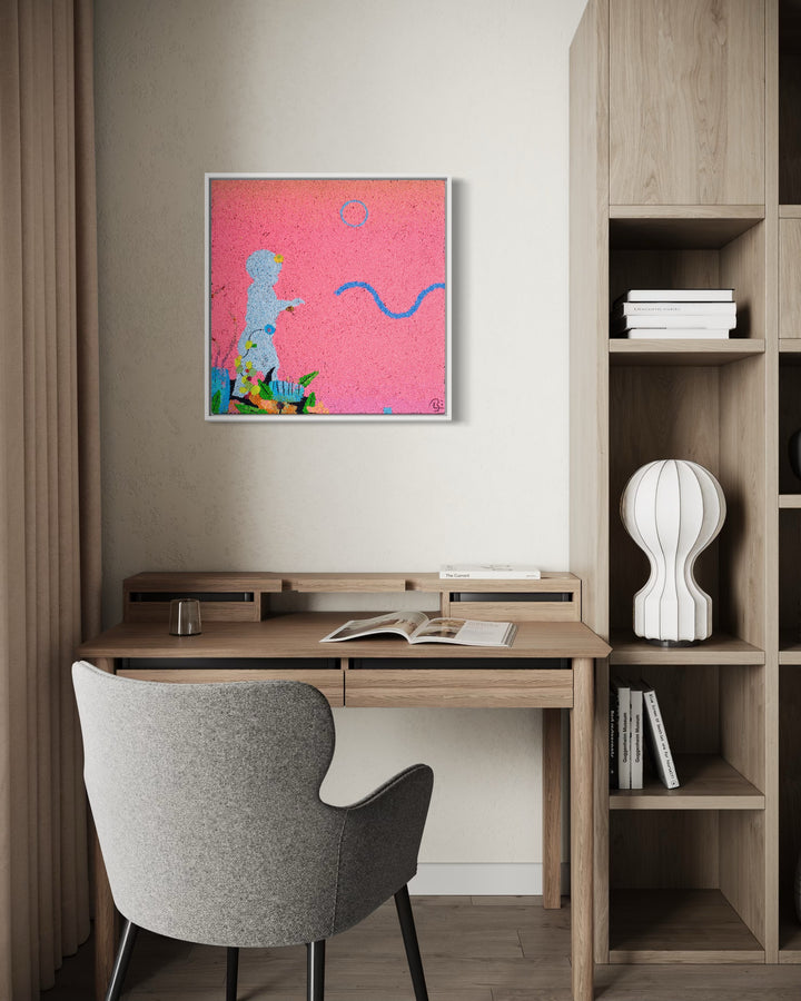 20"x20" abstract piece using crushed volcanic rock and acrylic paint with a child&