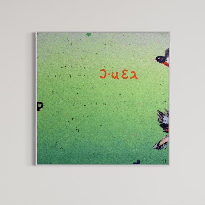 48"x48" abstract piece using crushed volcanic rock and acrylic paint with birds and abstract lettering over a green background. 